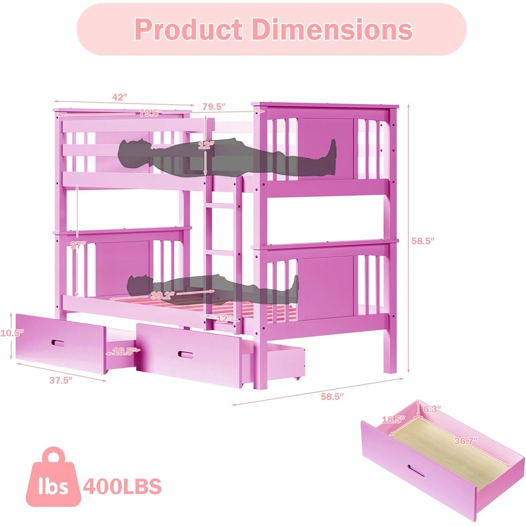 LAZZO Twin Over Twin Bunk Bed with Storage Drawers, Convertible Solid Wood Bunk Bed with Ladder & Safety Guardrail, No Box Spring Needed, Pink
