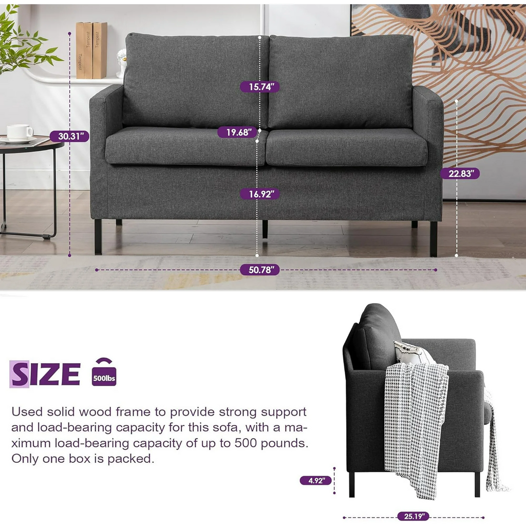 LAZZO 51" Linen Fabric Loveseat, Modern 2-Seater Small Sofa with Iron Legs for Apartment, Bedroom, Office, Gray