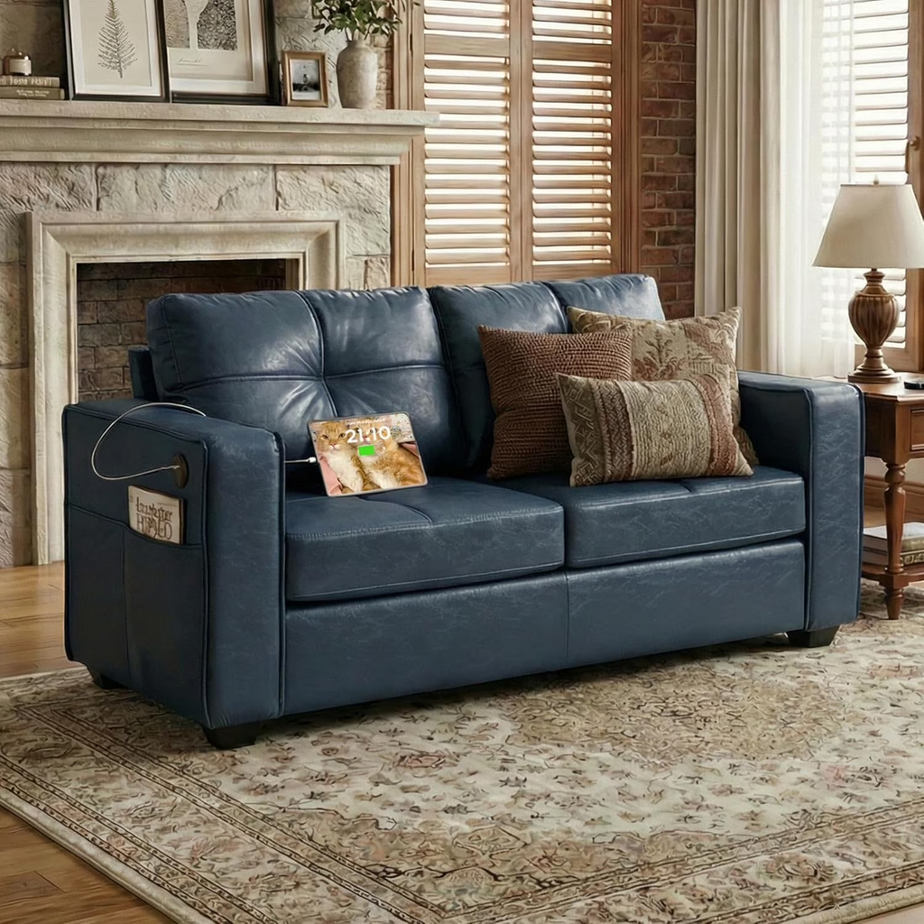 LAZZO 65" Mid-Century Modern Loveseat, 2-Seat Faux Leather Sofa with USB Charging Ports for Living Room, Office & Small Spaces, Blue