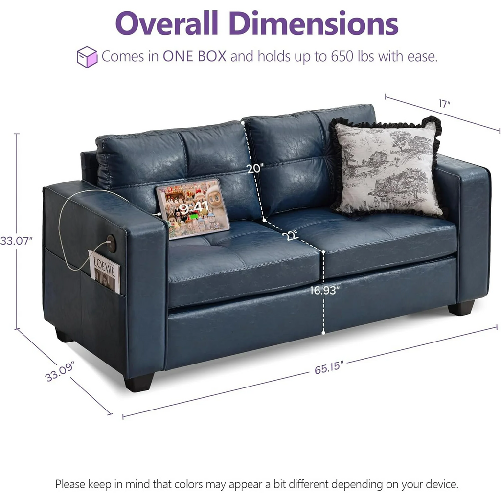 LAZZO 65" Mid-Century Modern Loveseat, 2-Seat Faux Leather Sofa with USB Charging Ports for Living Room, Office & Small Spaces, Blue