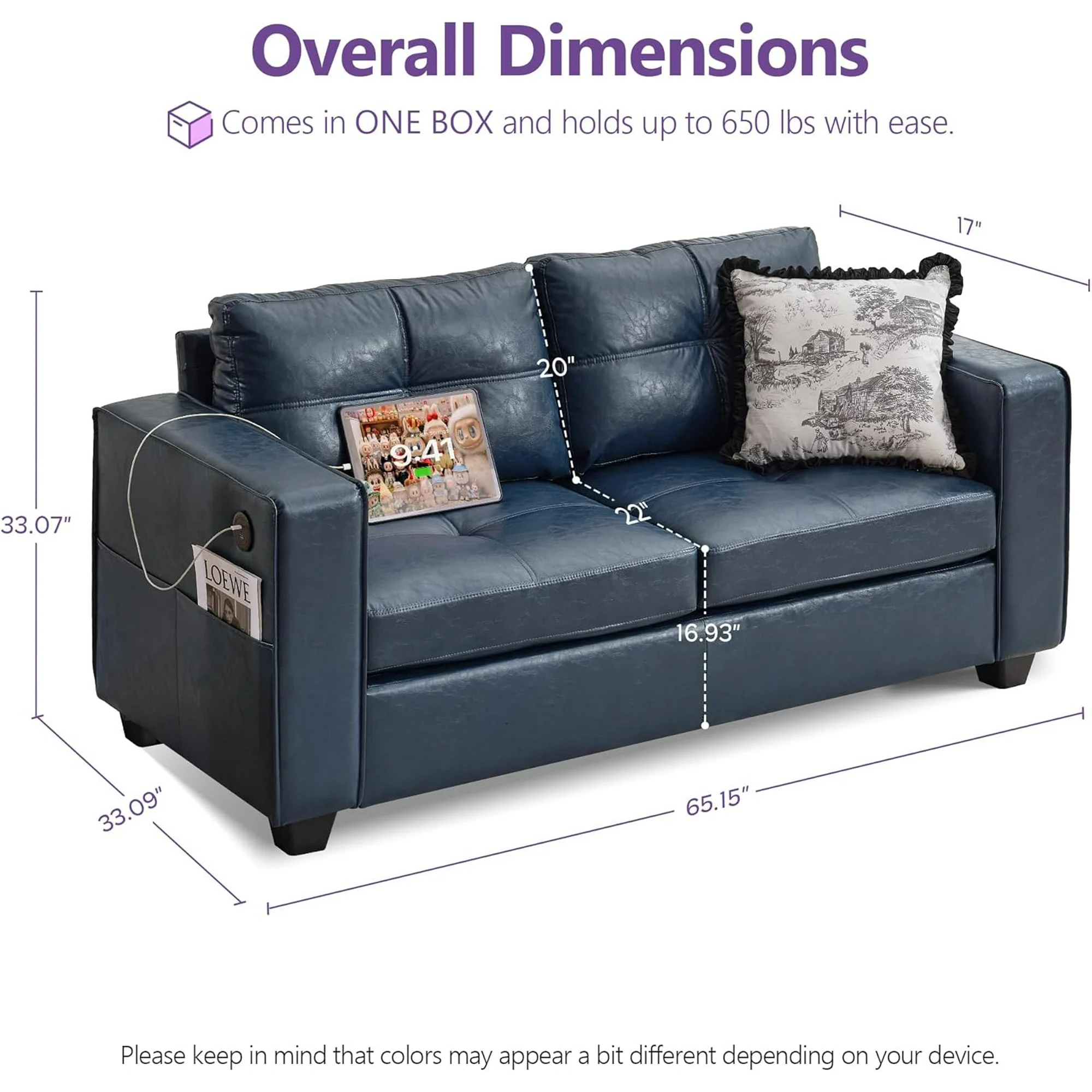 LAZZO 65" Mid-Century Modern Loveseat, 2-Seat Faux Leather Sofa with USB Charging Ports for Living Room, Office & Small Spaces, Blue