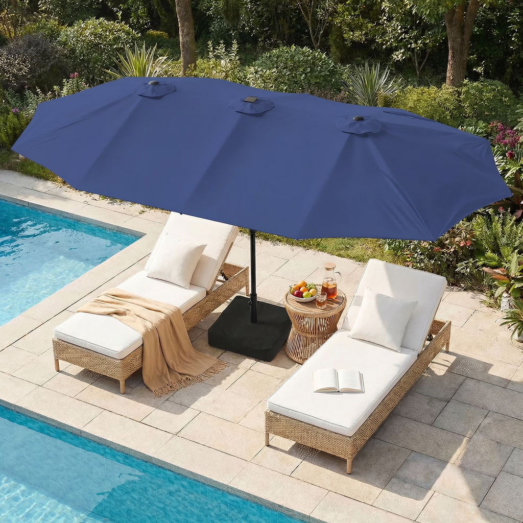 LAZZO 15FT Outdoor Patio Umbrella with Base and Solar Lights, Rectangular Triple Shade for Patio Deck Garden, Navy Blue