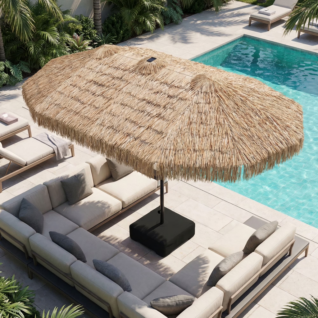 LAZZO 15FT Outdoor Patio Umbrella with Base and Solar Lights, Rectangular Triple Shade for Patio Deck Garden, Tiki Style