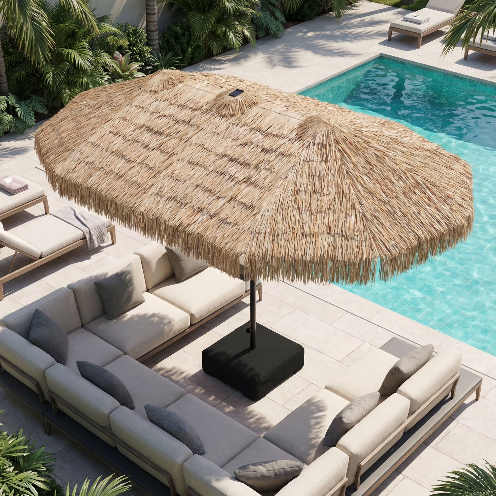 LAZZO 15FT Outdoor Patio Umbrella with Base and Solar Lights, Rectangular Triple Shade for Patio Deck Garden, Tiki Style