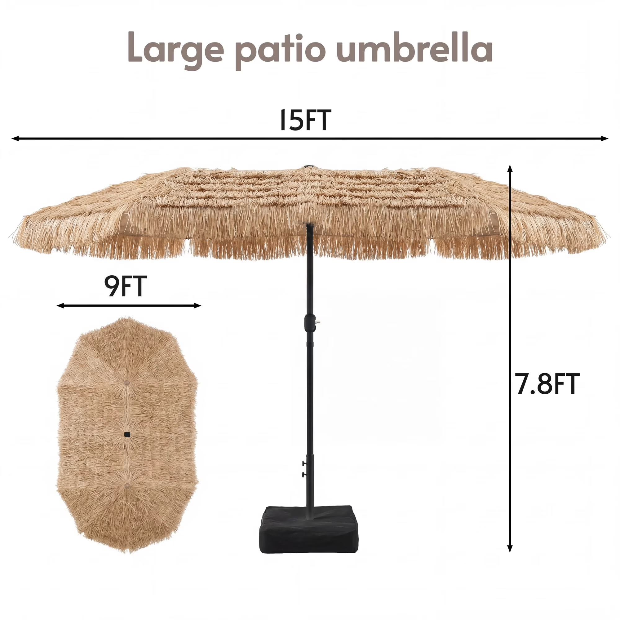 LAZZO 15FT Outdoor Patio Umbrella with Base and Solar Lights, Rectangular Triple Shade for Patio Deck Garden, Tiki Style