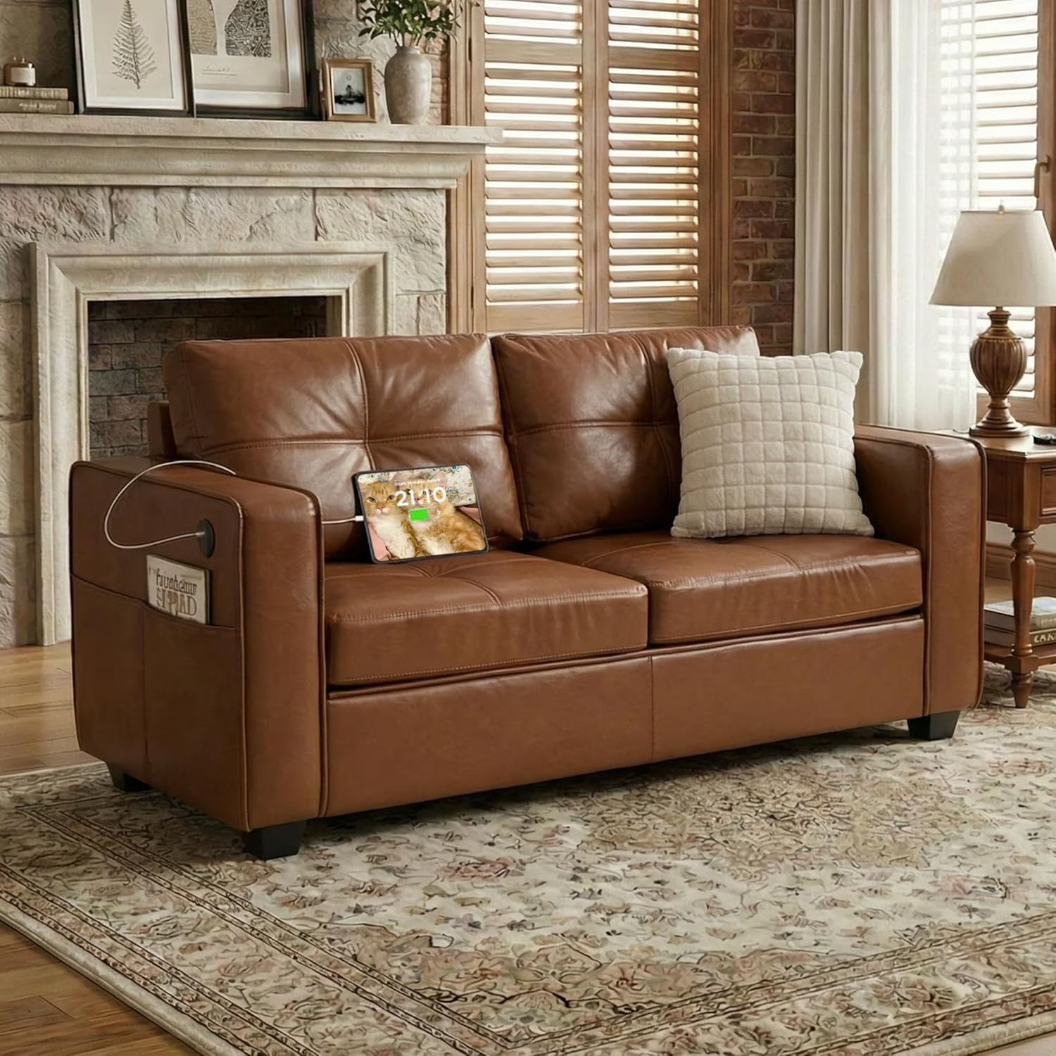 LAZZO 65" Mid-Century Modern Loveseat, 2-Seat Faux Leather Sofa with USB Charging Ports for Living Room, Office & Small Spaces, Brown