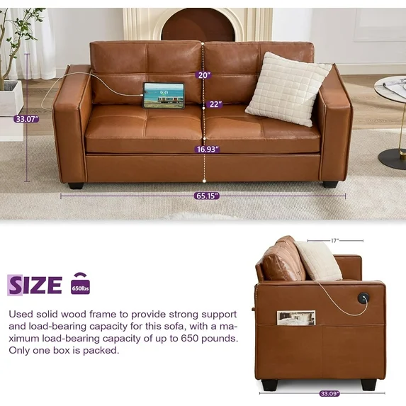 LAZZO 65" Mid-Century Modern Loveseat, 2-Seat Faux Leather Sofa with USB Charging Ports for Living Room, Office & Small Spaces, Brown