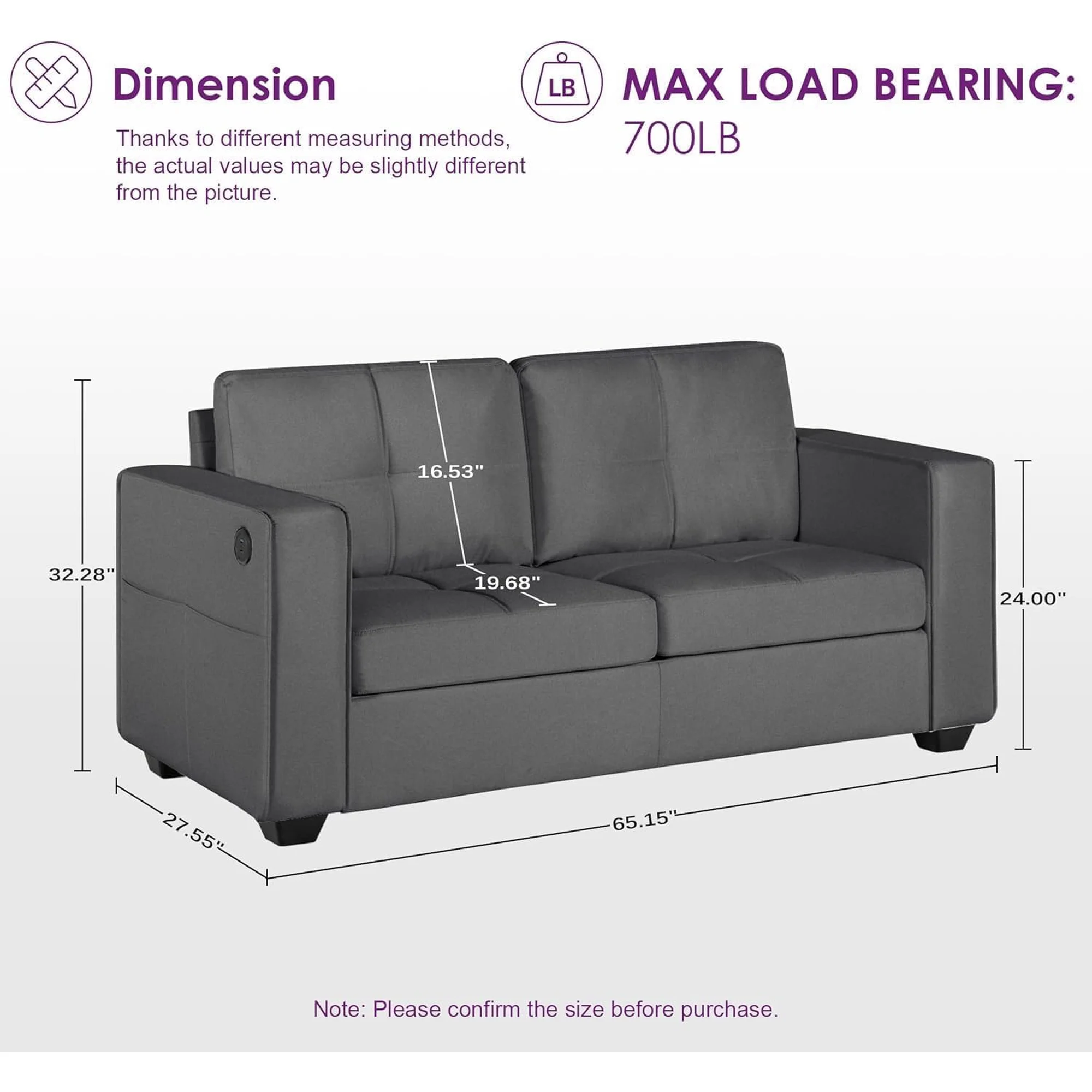 LAZZO 65" Mid-Century Modern Loveseat, 2-Seat Fabric Sofa with USB Charging Ports for Living Room, Office & Small Spaces, Gray