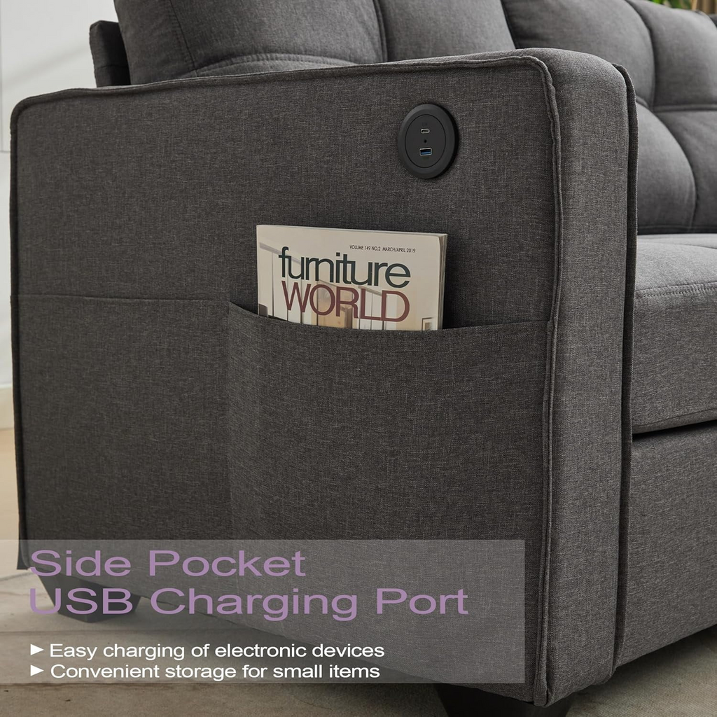 LAZZO 65" Mid-Century Modern Loveseat, 2-Seat Fabric Sofa with USB Charging Ports for Living Room, Office & Small Spaces, Gray