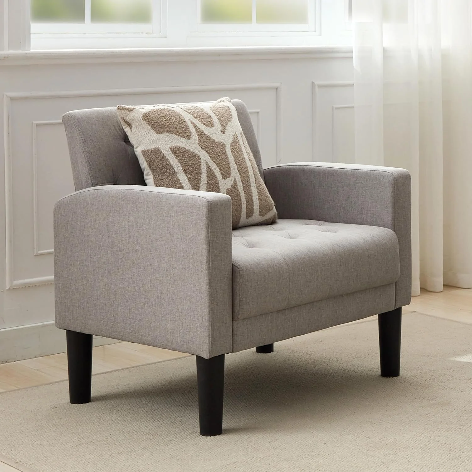 LAZZO Mid-Century Modern Accent Chair, Upholstered Armchair for Living Room Bedroom Office, Light Gray