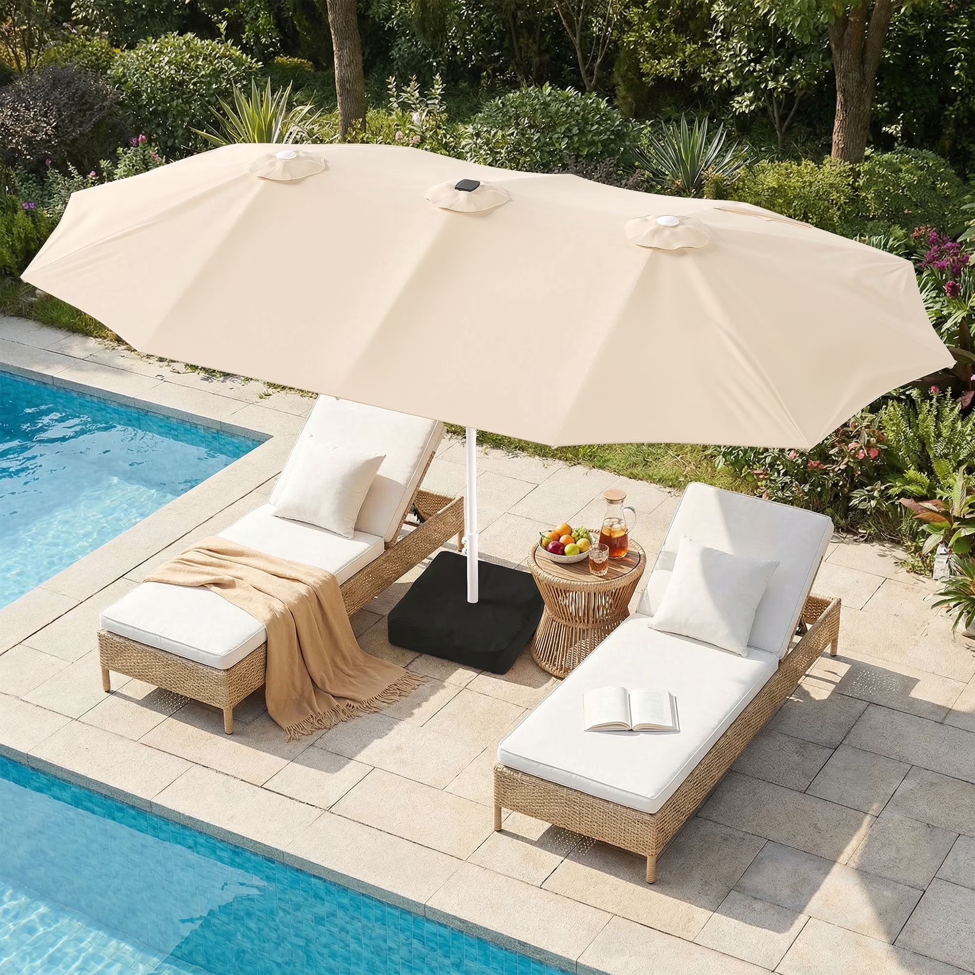 LAZZO 15FT Outdoor Patio Umbrella with Base and Solar Lights, Rectangular Triple Shade for Patio Deck Garden, Champagne