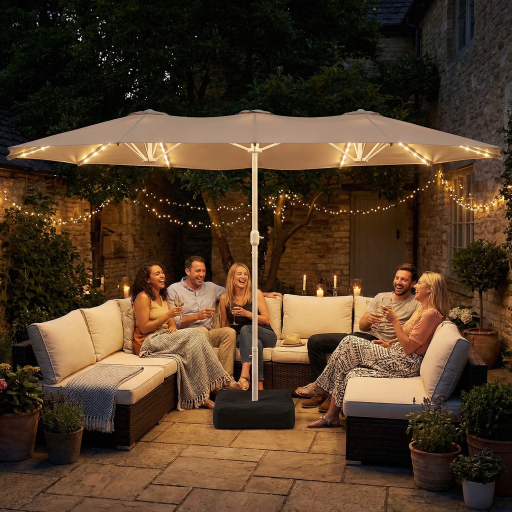 LAZZO 15FT Outdoor Patio Umbrella with Base and Solar Lights, Rectangular Triple Shade for Patio Deck Garden, Champagne