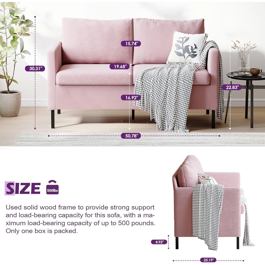 LAZZO 51" Linen Fabric Loveseat, Modern 2-Seater Small Sofa with Iron Legs for Apartment, Bedroom, Office, Pink