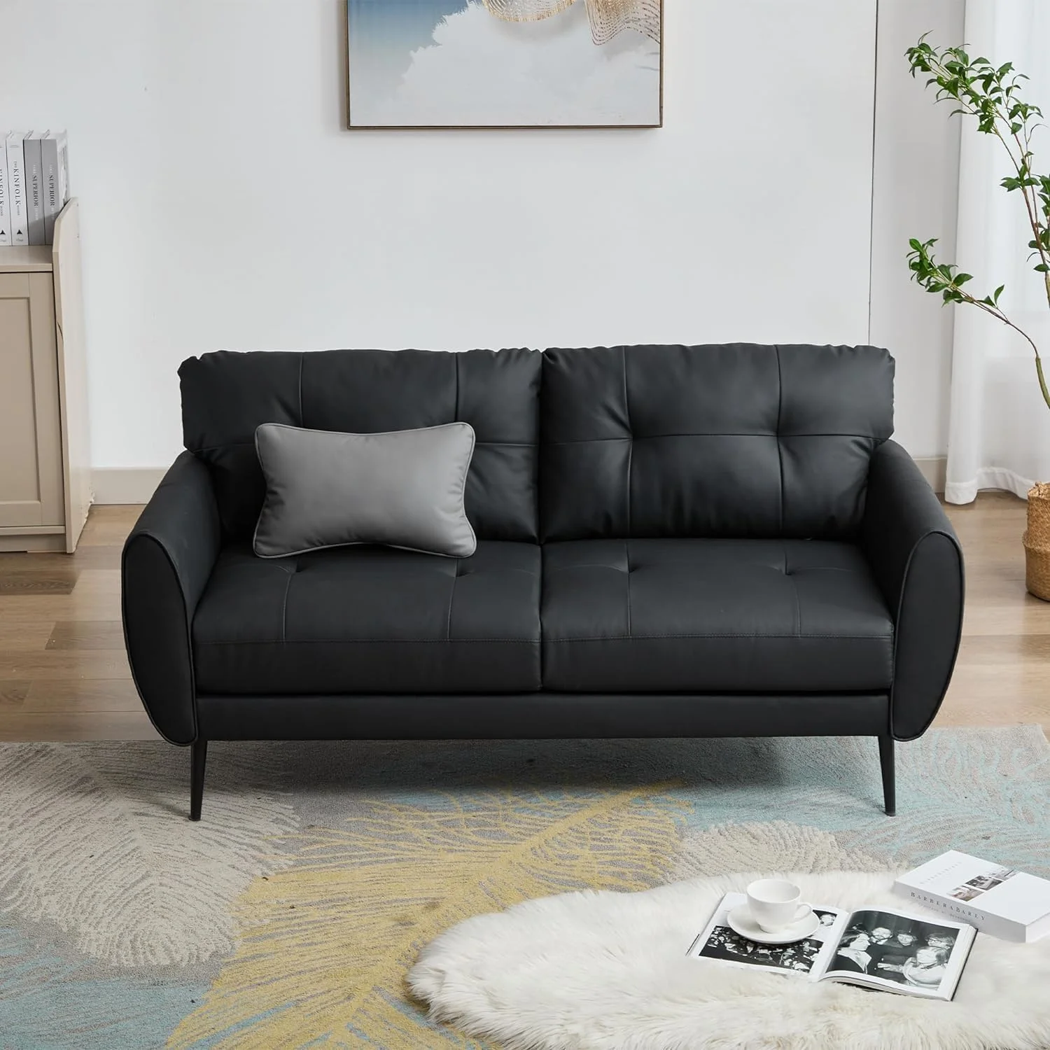 LAZZO 61" Mid Century Modern Tufted Loveseat, Leather 2-Seat Small Sofa for Living Room, Bedroom & Office, Black