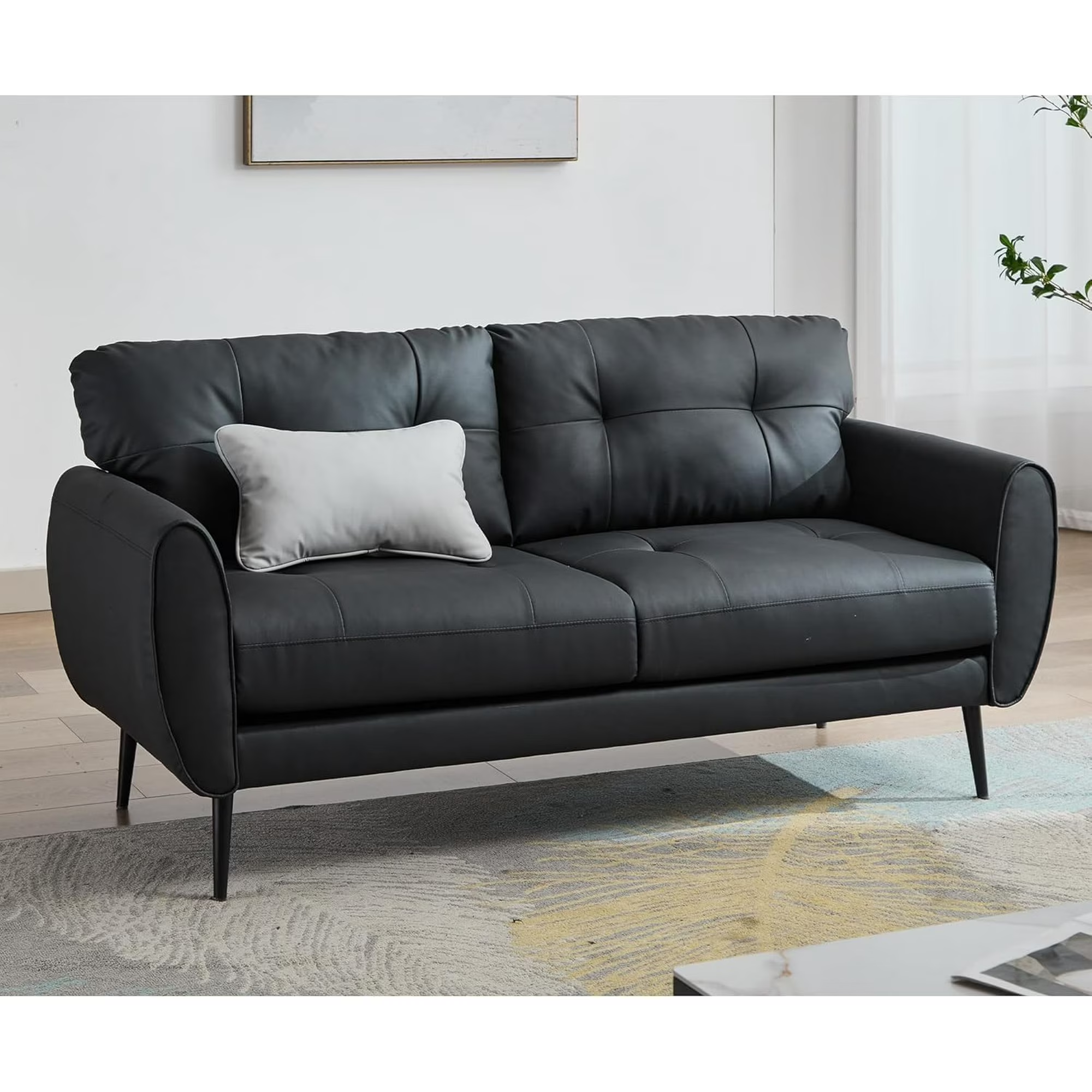 LAZZO 61" Mid Century Modern Tufted Loveseat, Leather 2-Seat Small Sofa for Living Room, Bedroom & Office, Black