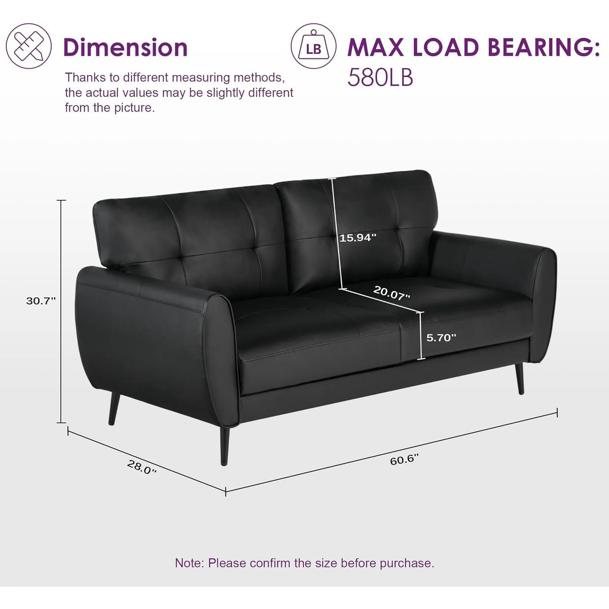 LAZZO 61" Mid Century Modern Tufted Loveseat, Leather 2-Seat Small Sofa for Living Room, Bedroom & Office, Black