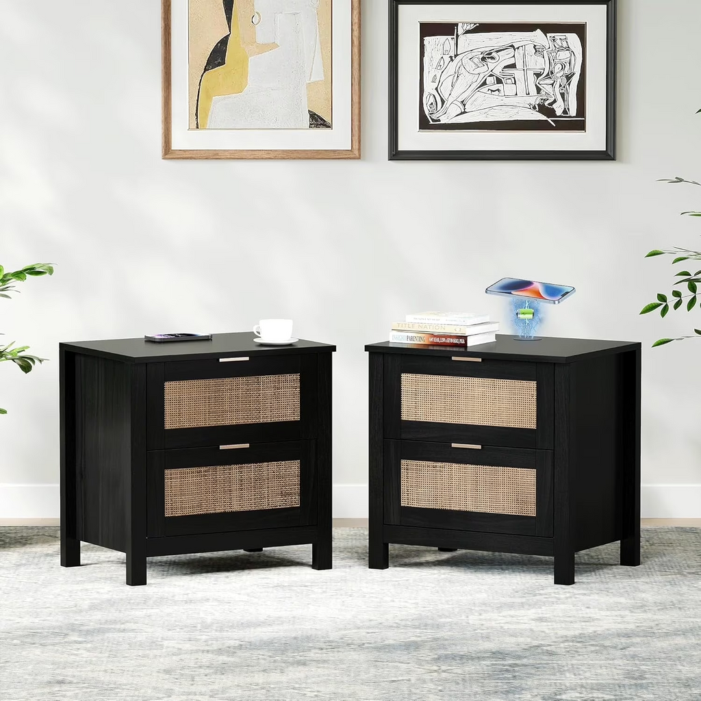 LAZZO Nightstand Set of 2 with Wireless Charging Station, PE Rattan Drawer Bedside Table, Modern Side End Table for Bedroom Living Room, Black