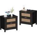 LAZZO Nightstand Set of 2 with Wireless Charging Station, PE Rattan Drawer Bedside Table, Modern Side End Table for Bedroom Living Room, Black