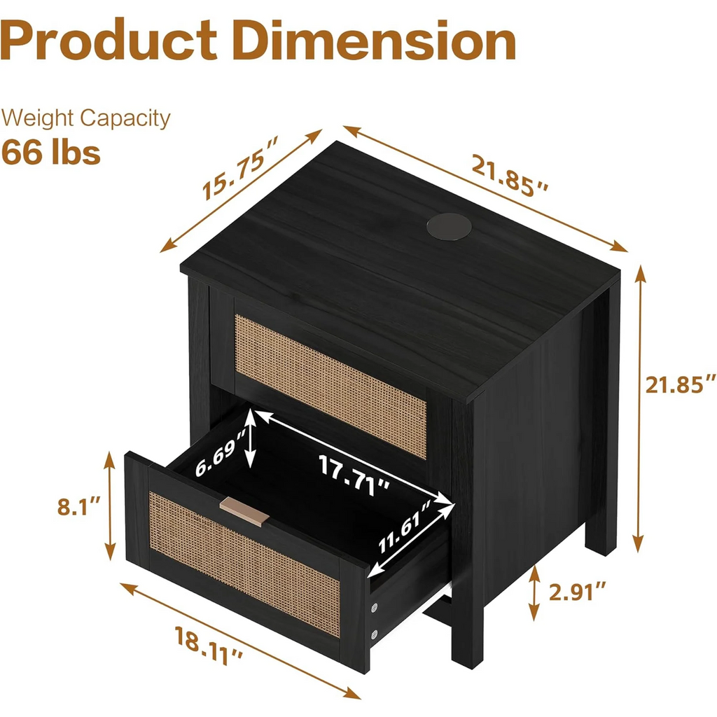 LAZZO Nightstand Set of 2 with Wireless Charging Station, PE Rattan Drawer Bedside Table, Modern Side End Table for Bedroom Living Room, Black