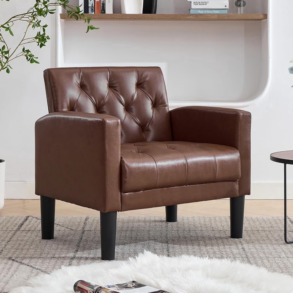 LAZZO Mid-Century Modern Accent Chair, Upholstered Armchair for Living Room Bedroom Office, Brown