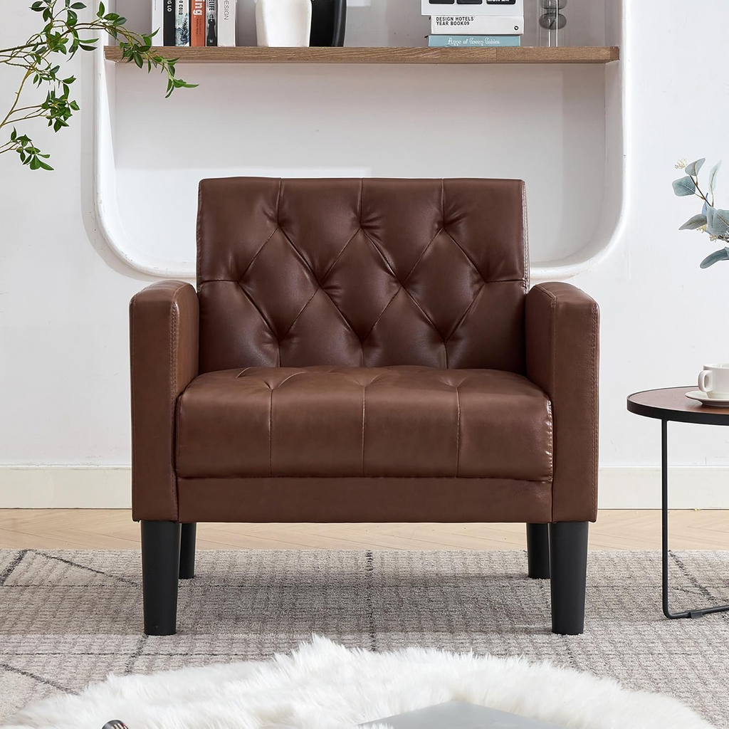 LAZZO Mid-Century Modern Accent Chair, Upholstered Armchair for Living Room Bedroom Office, Brown