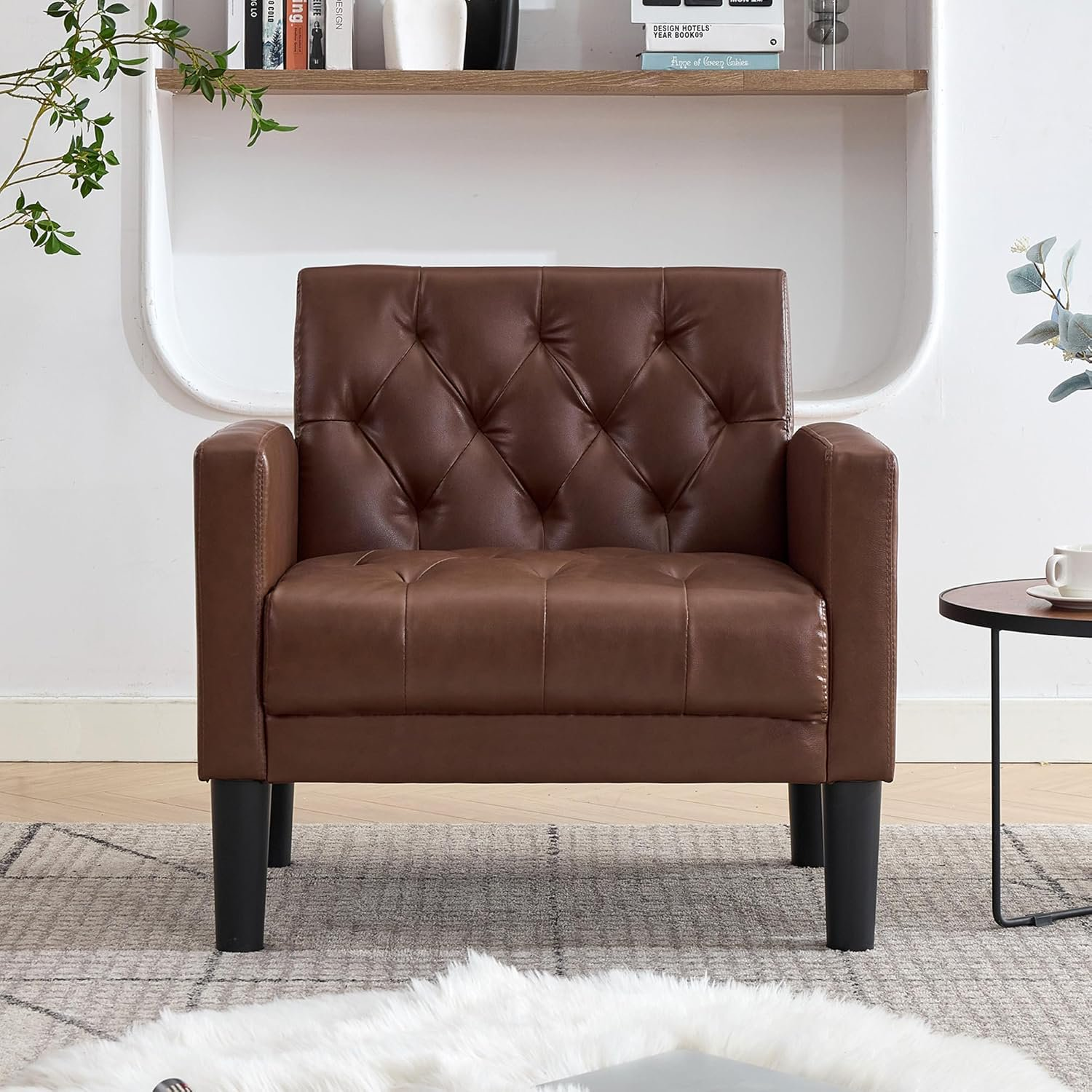LAZZO Mid-Century Modern Accent Chair, Upholstered Armchair for Living Room Bedroom Office, Brown