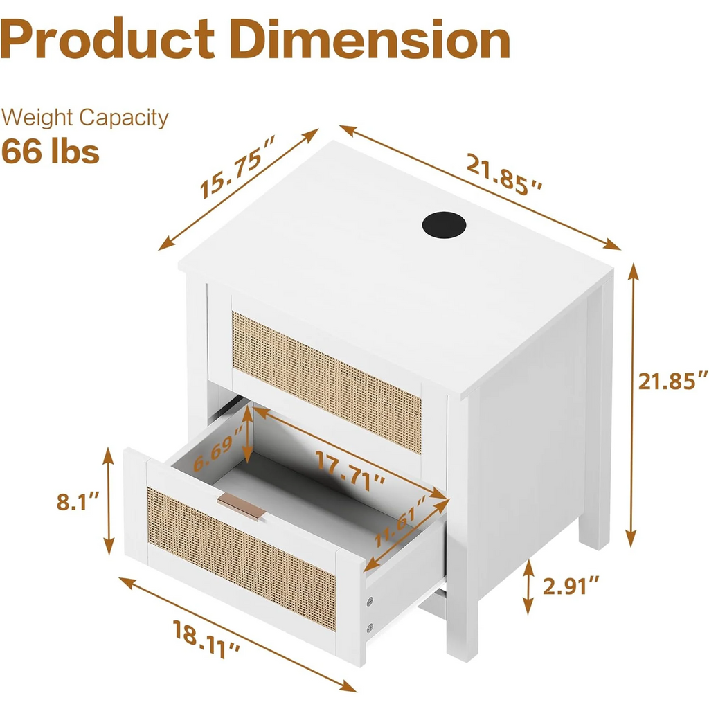 LAZZO Nightstand Set of 2 with Wireless Charging Station, PE Rattan Drawer Bedside Table, Modern Side End Table for Bedroom Living Room, White