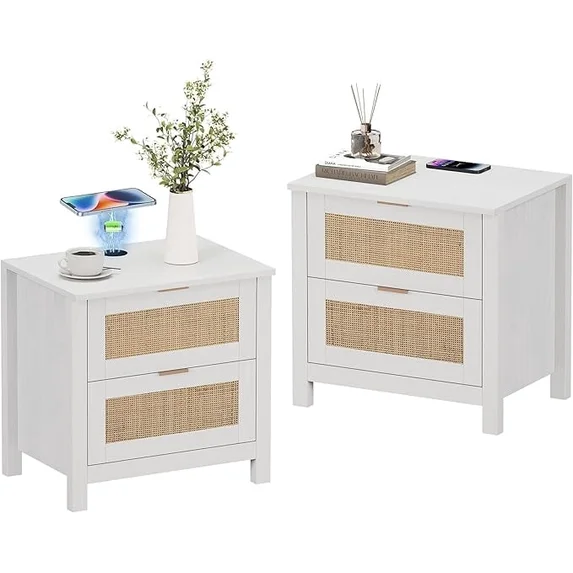 LAZZO Nightstand Set of 2 with Wireless Charging Station, PE Rattan Drawer Bedside Table, Modern Side End Table for Bedroom Living Room, White