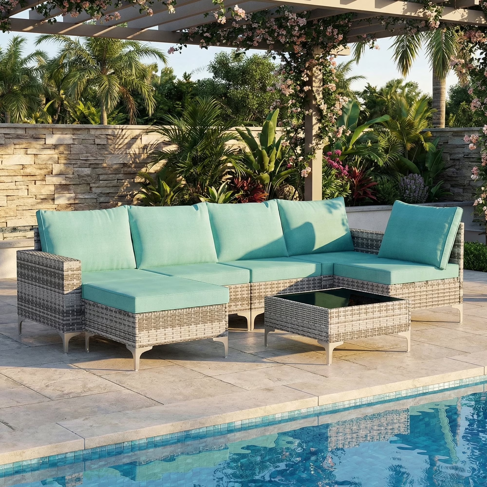 LAZZO 7-Piece Patio Conversation Set, Boho Outdoor Wicker Furniture with Green Cushions & Glass Coffee Table for Backyard, Porch
