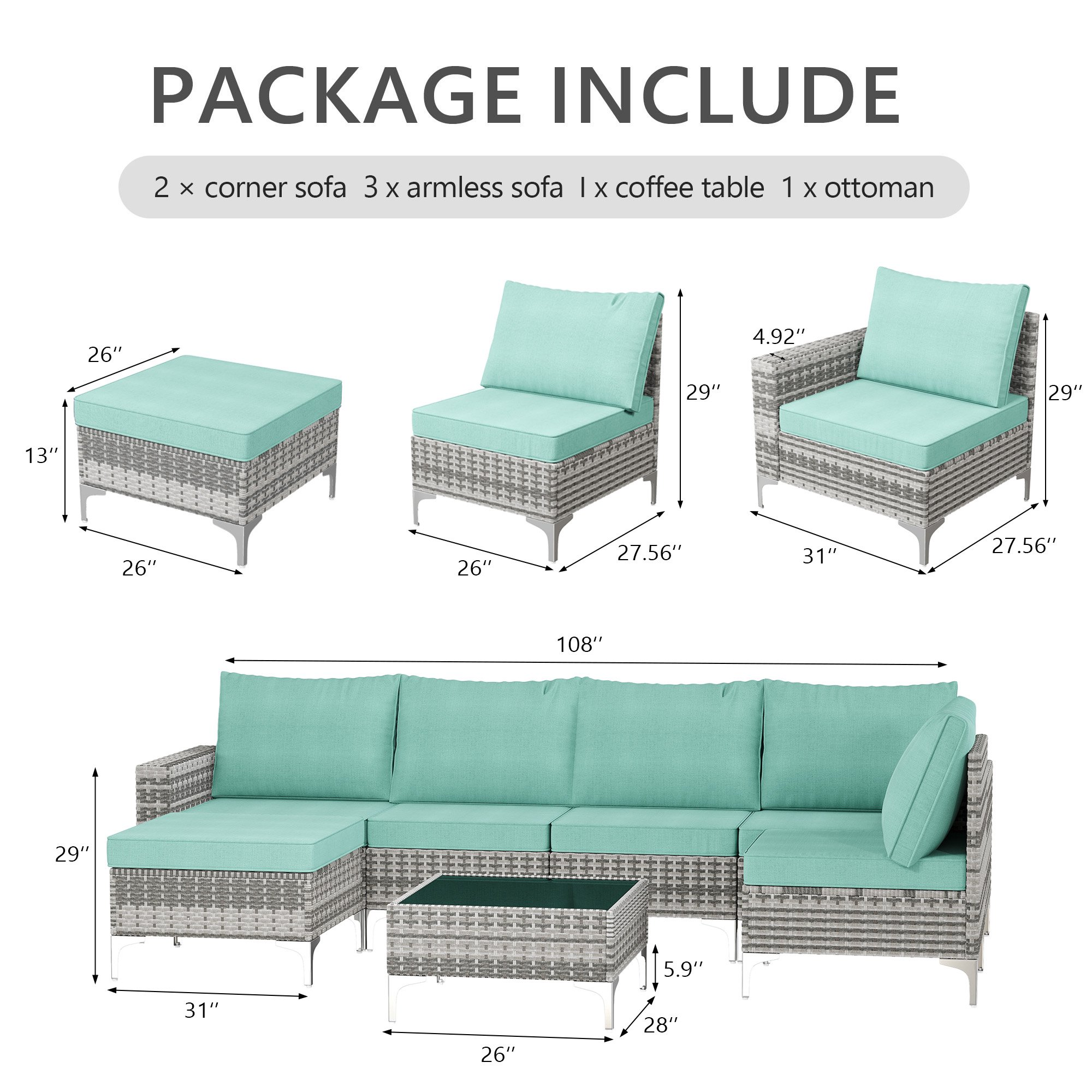 LAZZO 7-Piece Patio Conversation Set, Boho Outdoor Wicker Furniture with Green Cushions & Glass Coffee Table for Backyard, Porch