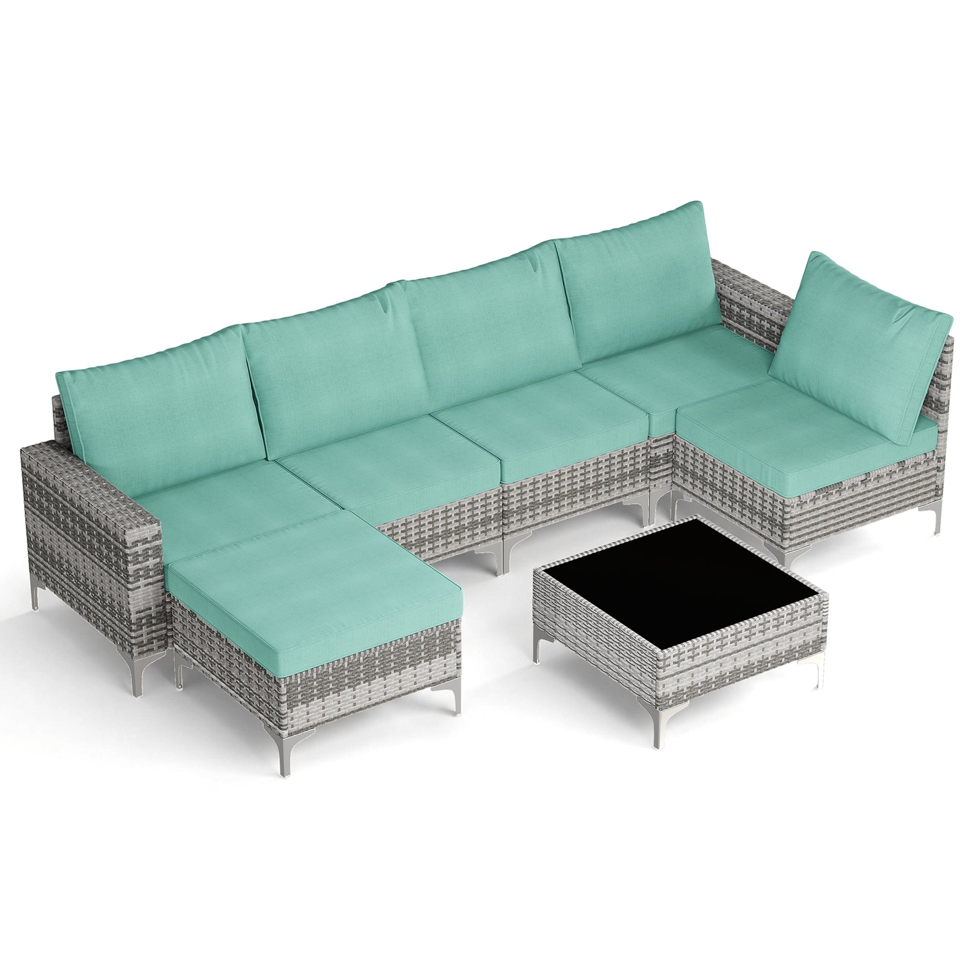 LAZZO 7-Piece Patio Conversation Set, Boho Outdoor Wicker Furniture with Green Cushions & Glass Coffee Table for Backyard, Porch