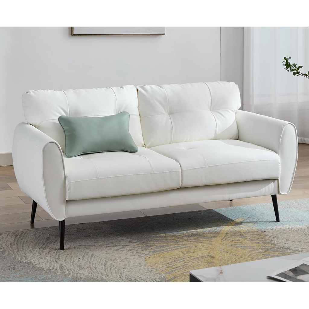 LAZZO 61" Mid Century Modern Tufted Loveseat, Leather 2-Seat Small Sofa for Living Room, Bedroom & Office, White