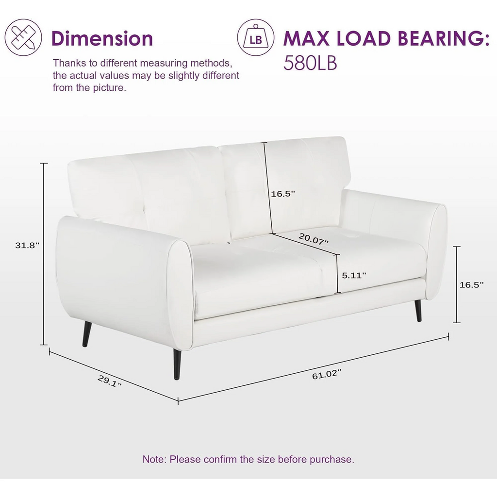 LAZZO 61" Mid Century Modern Tufted Loveseat, Leather 2-Seat Small Sofa for Living Room, Bedroom & Office, White