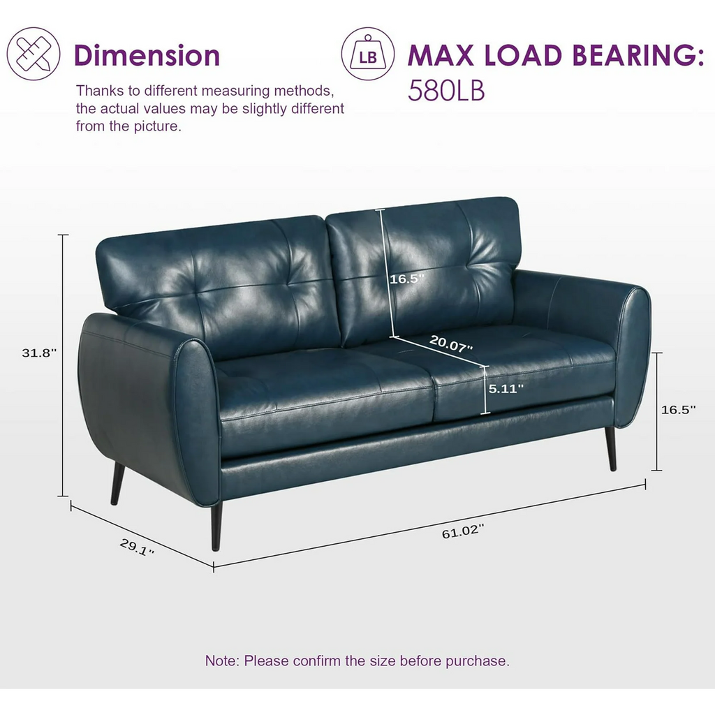 LAZZO 61" Mid Century Modern Tufted Loveseat, Leather 2-Seat Small Sofa for Living Room, Bedroom & Office, Blue