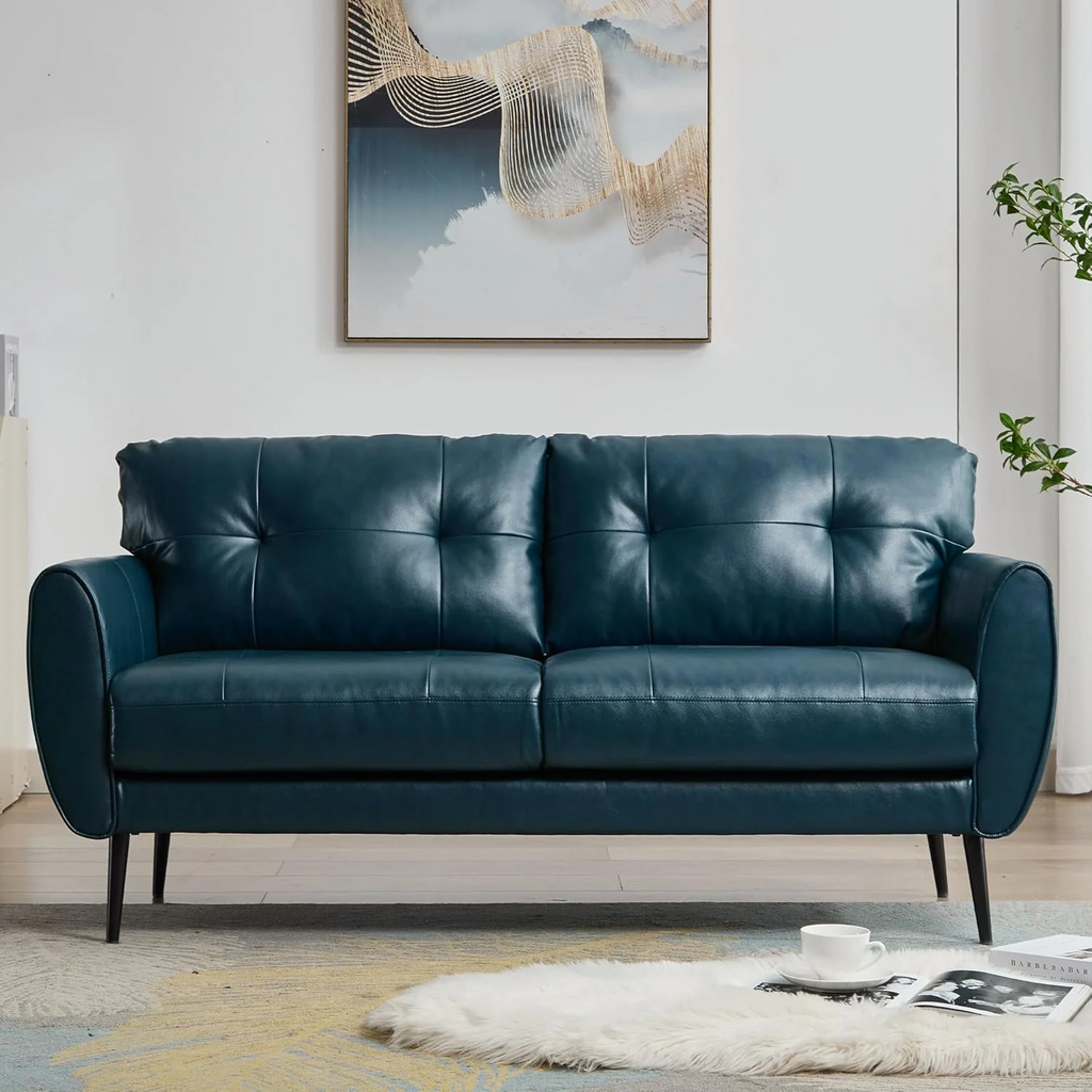 LAZZO 61" Mid Century Modern Tufted Loveseat, Leather 2-Seat Small Sofa for Living Room, Bedroom & Office, Blue