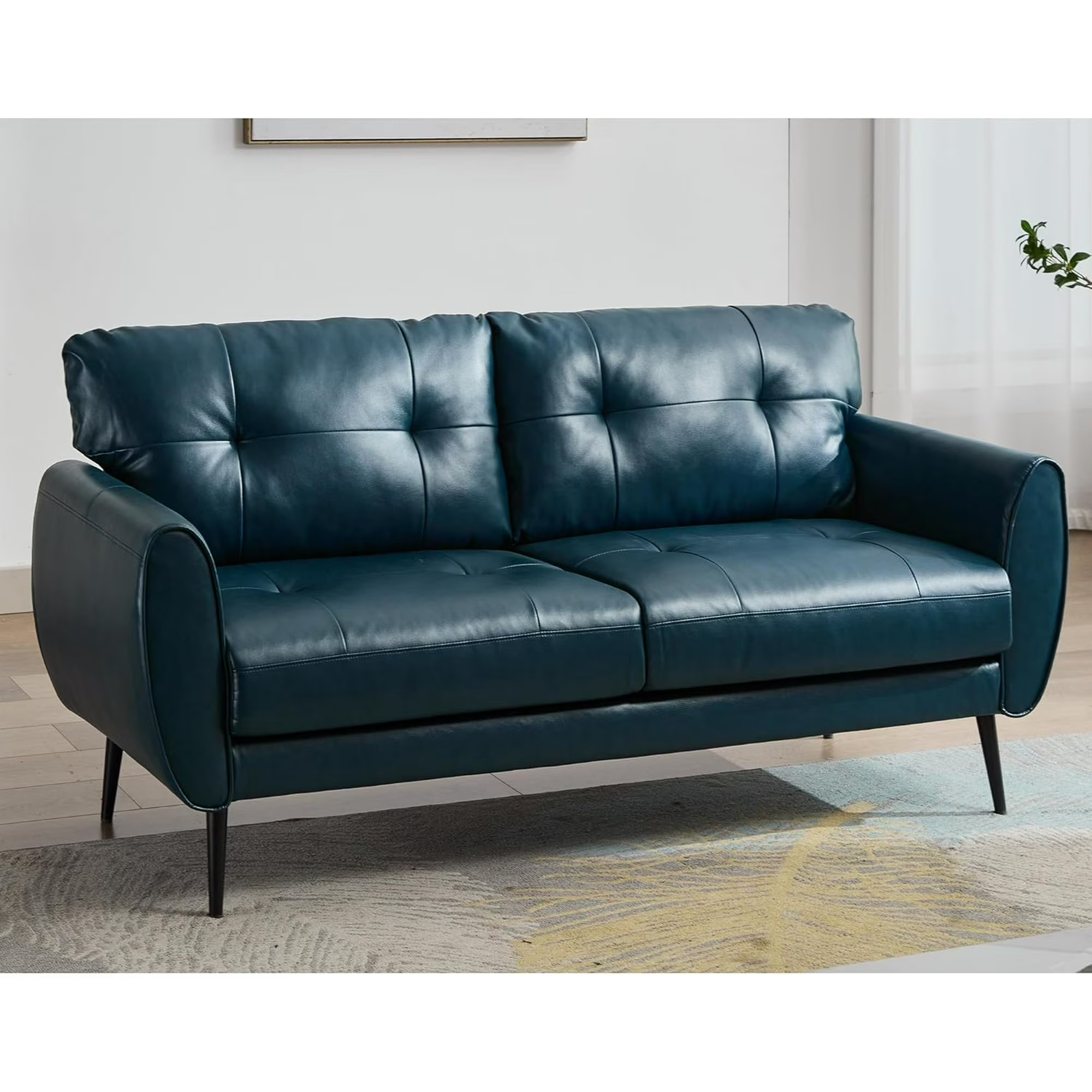 LAZZO 61" Mid Century Modern Tufted Loveseat, Leather 2-Seat Small Sofa for Living Room, Bedroom & Office, Blue