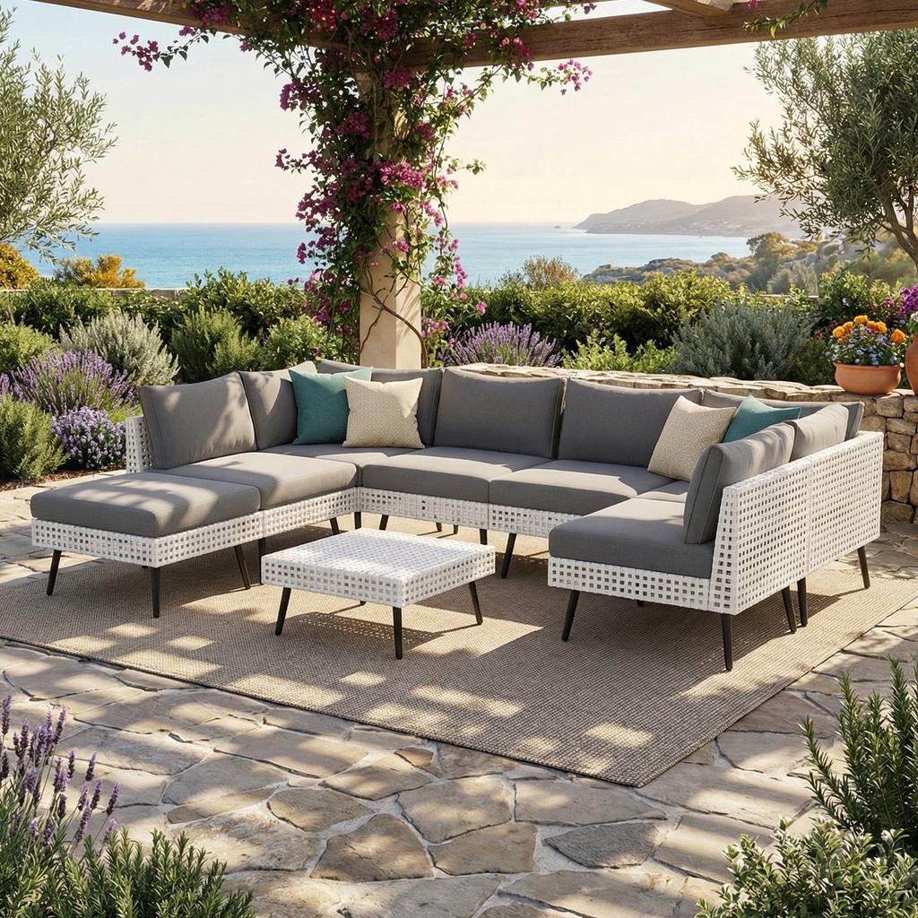 LAZZO 8-Piece Patio Conversation Set, All-Weather Wicker Outdoor Furniture Set with 6 Chairs and 2 Ottomans, Gray