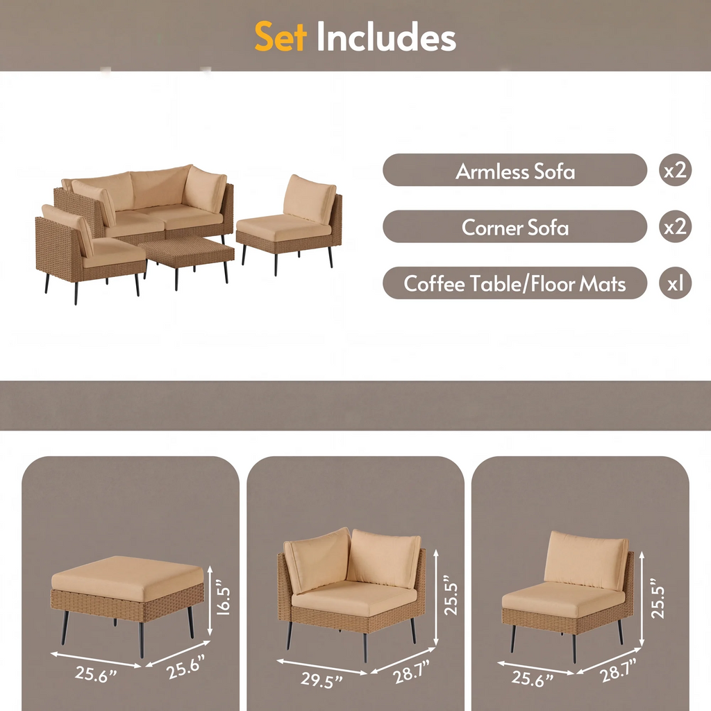 LAZZO 5-Piece Outdoor Wicker Conversation Set, All-Weather Sectional Sofa with 4 Chairs & 1 Ottoman, Khaki Cushions
