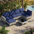 LAZZO 7-Piece Patio Conversation Set, Boho Outdoor Wicker Furniture with Blue Cushions & Glass Coffee Table for Backyard, Porch