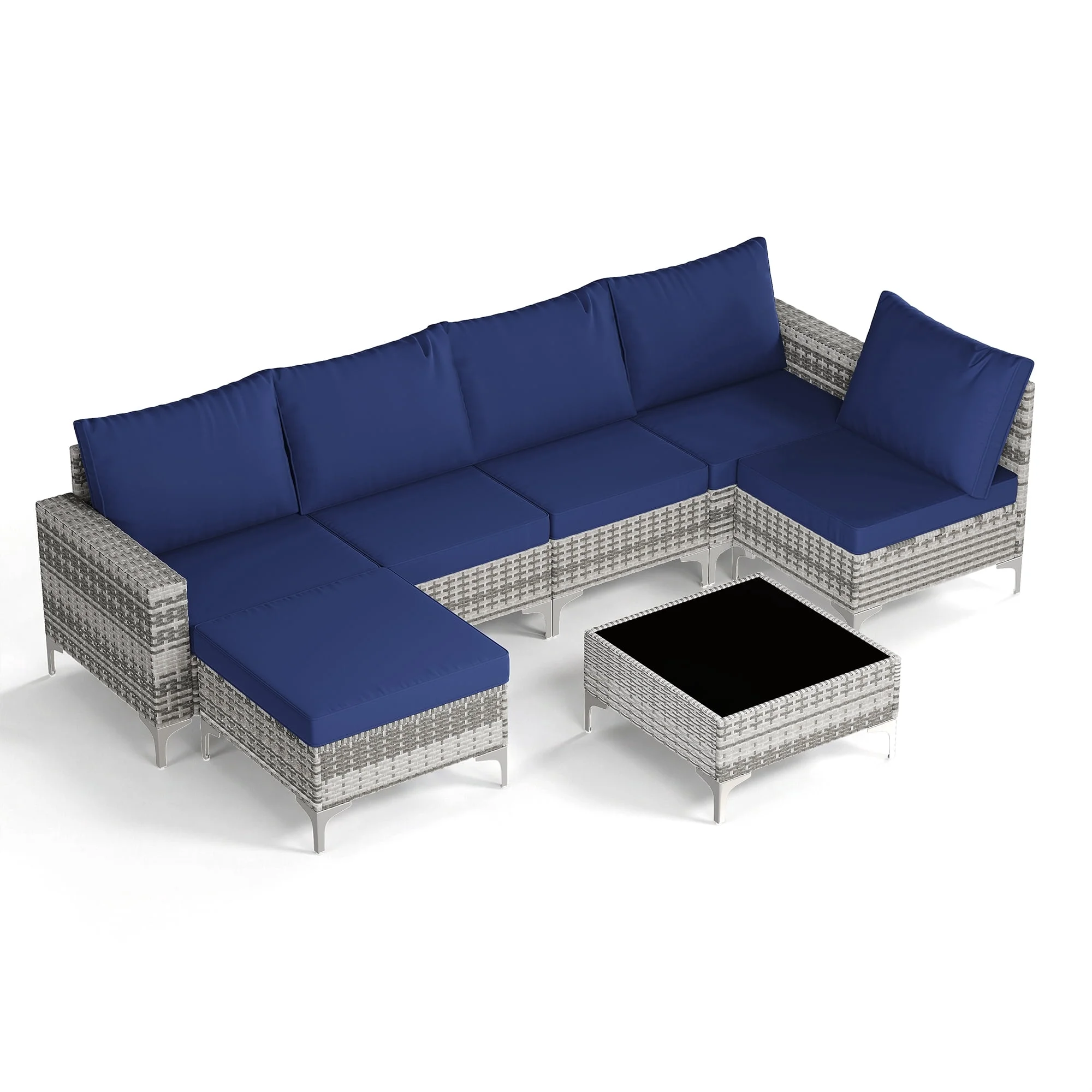 LAZZO 7-Piece Patio Conversation Set, Boho Outdoor Wicker Furniture with Blue Cushions & Glass Coffee Table for Backyard, Porch