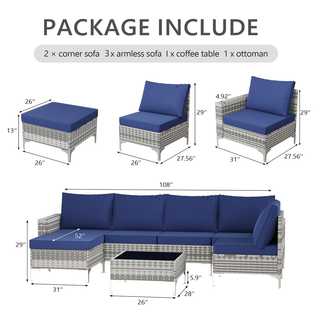 LAZZO 7-Piece Patio Conversation Set, Boho Outdoor Wicker Furniture with Blue Cushions & Glass Coffee Table for Backyard, Porch