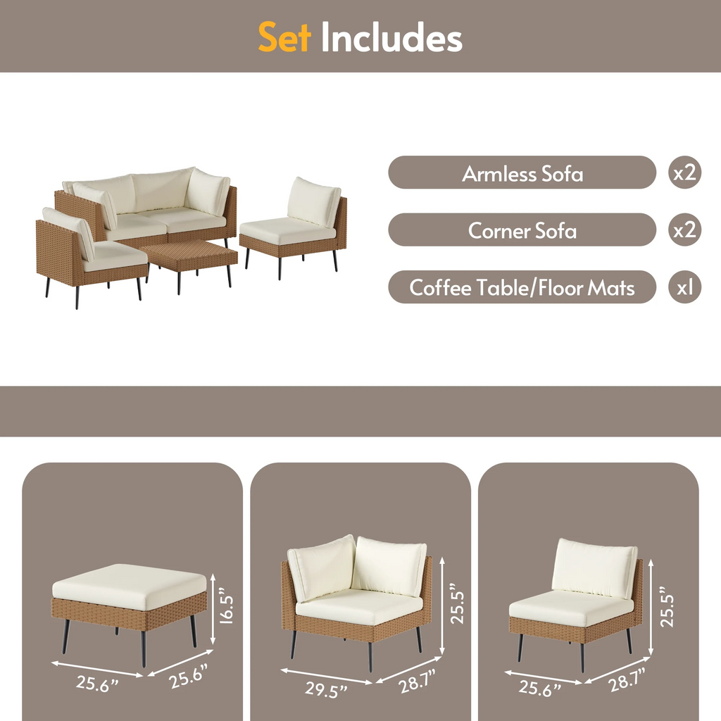 LAZZO 5-Piece Outdoor Wicker Conversation Set, All-Weather Sectional Sofa with 4 Chairs & 1 Ottoman, Beige Cushions