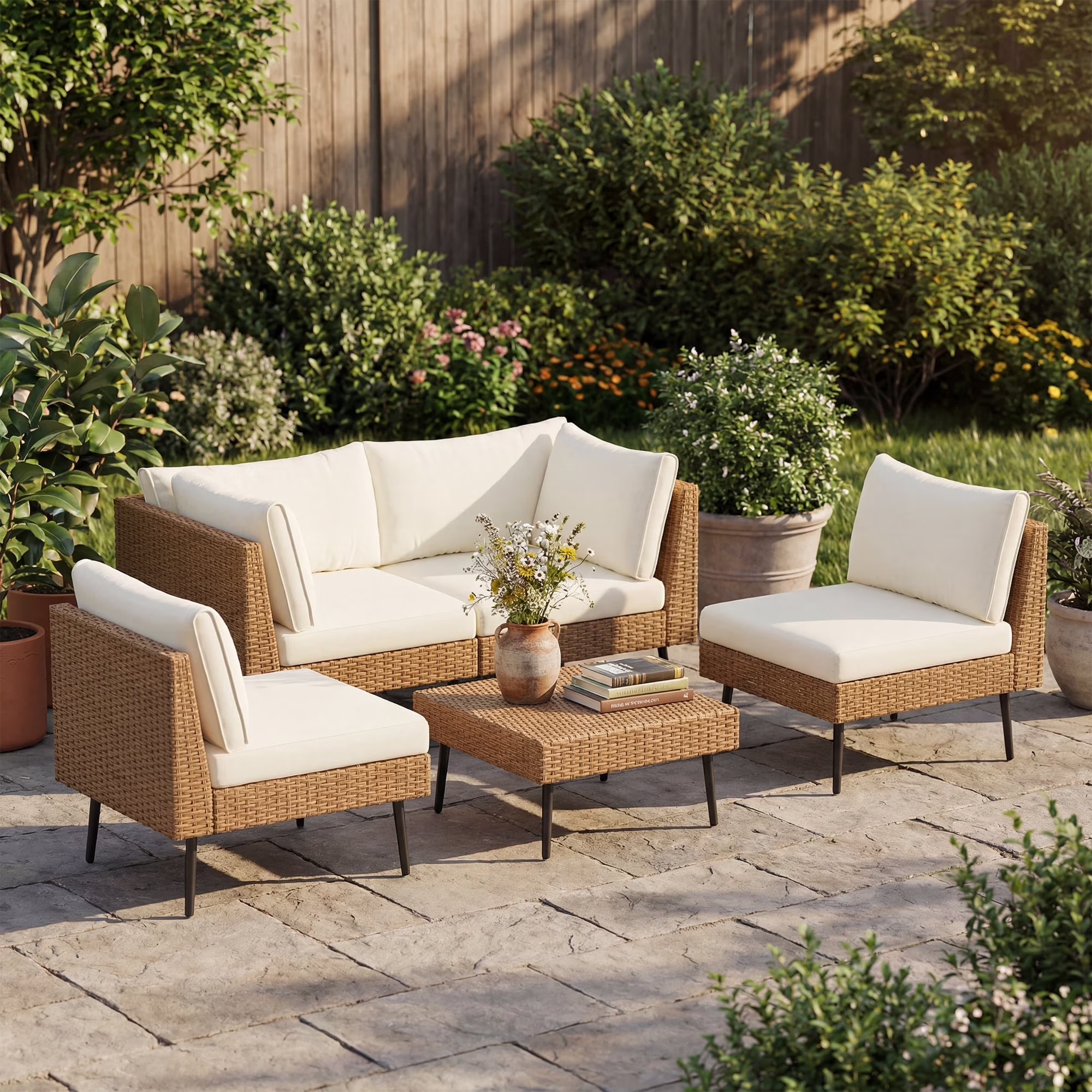 LAZZO 5-Piece Outdoor Wicker Conversation Set, All-Weather Sectional Sofa with 4 Chairs & 1 Ottoman, Beige Cushions