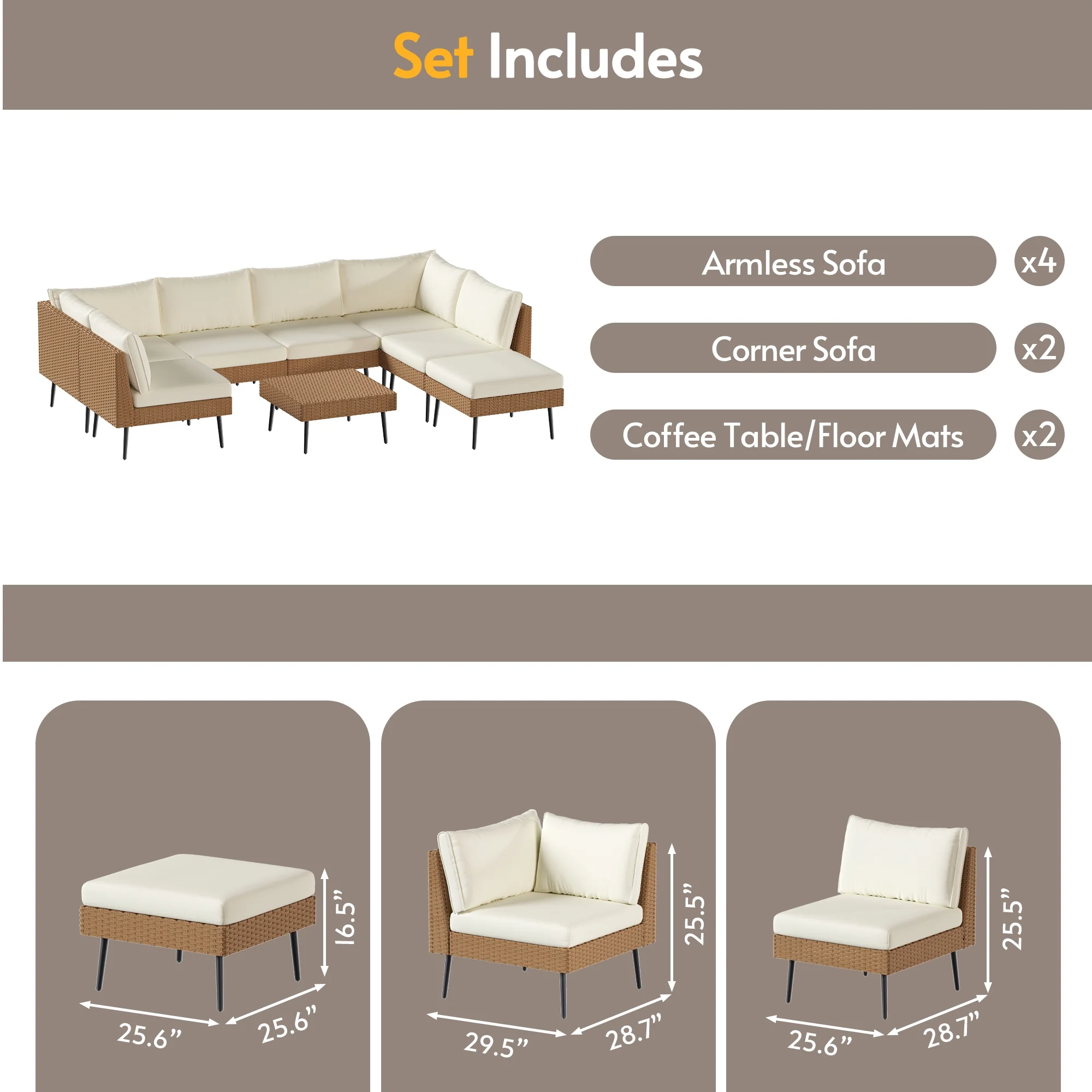 LAZZO 8-Piece Outdoor Wicker Conversation Set, All-Weather Sectional Sofa with 6 Chairs & 2 Ottomans, Beige Cushions