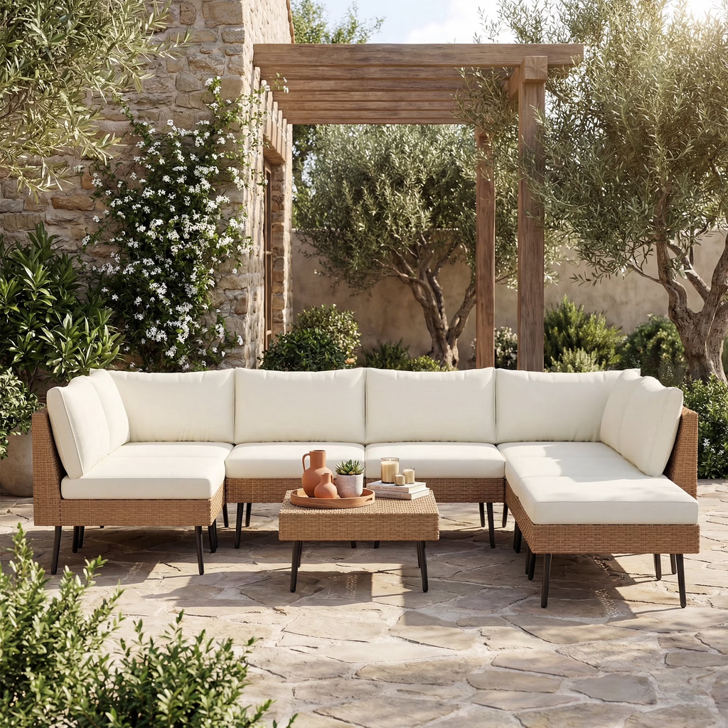 LAZZO 8-Piece Outdoor Wicker Conversation Set, All-Weather Sectional Sofa with 6 Chairs & 2 Ottomans, Beige Cushions