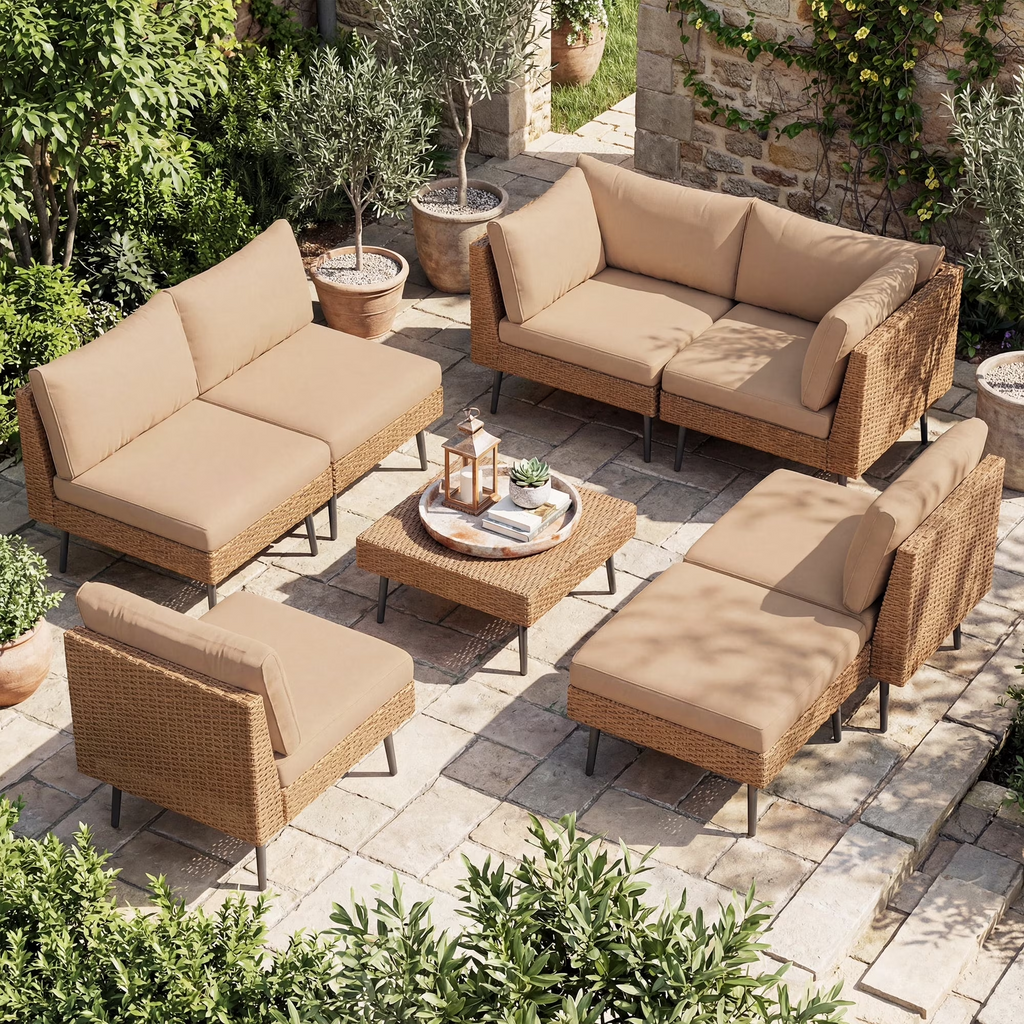 LAZZO 8-Piece Outdoor Wicker Conversation Set, All-Weather Sectional Sofa with 6 Chairs & 2 Ottomans, Khaki Cushions