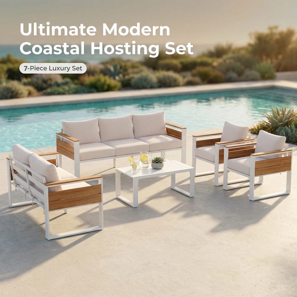 LAZZO 7-Seat Outdoor Patio Conversation Set, Rust-Proof Aluminum Furniture with All-Weather Olefin Cushions for Garden & Patio