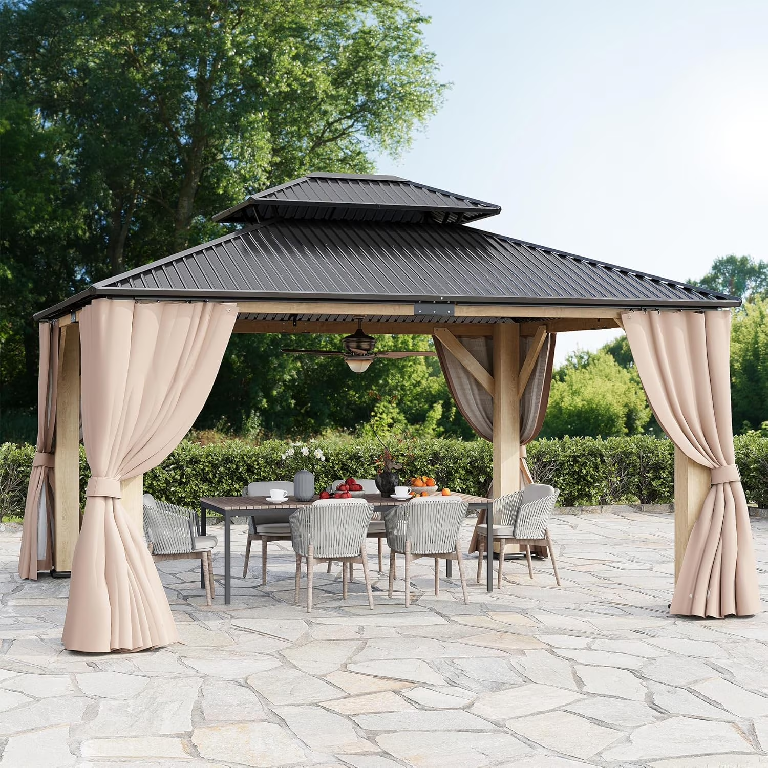 LAZZO 13'x15' Outdoor Hardtop Gazebo, Wooden Frame Double Galvanized Steel Roof, Curtains & Netting Included for Patio and Garden