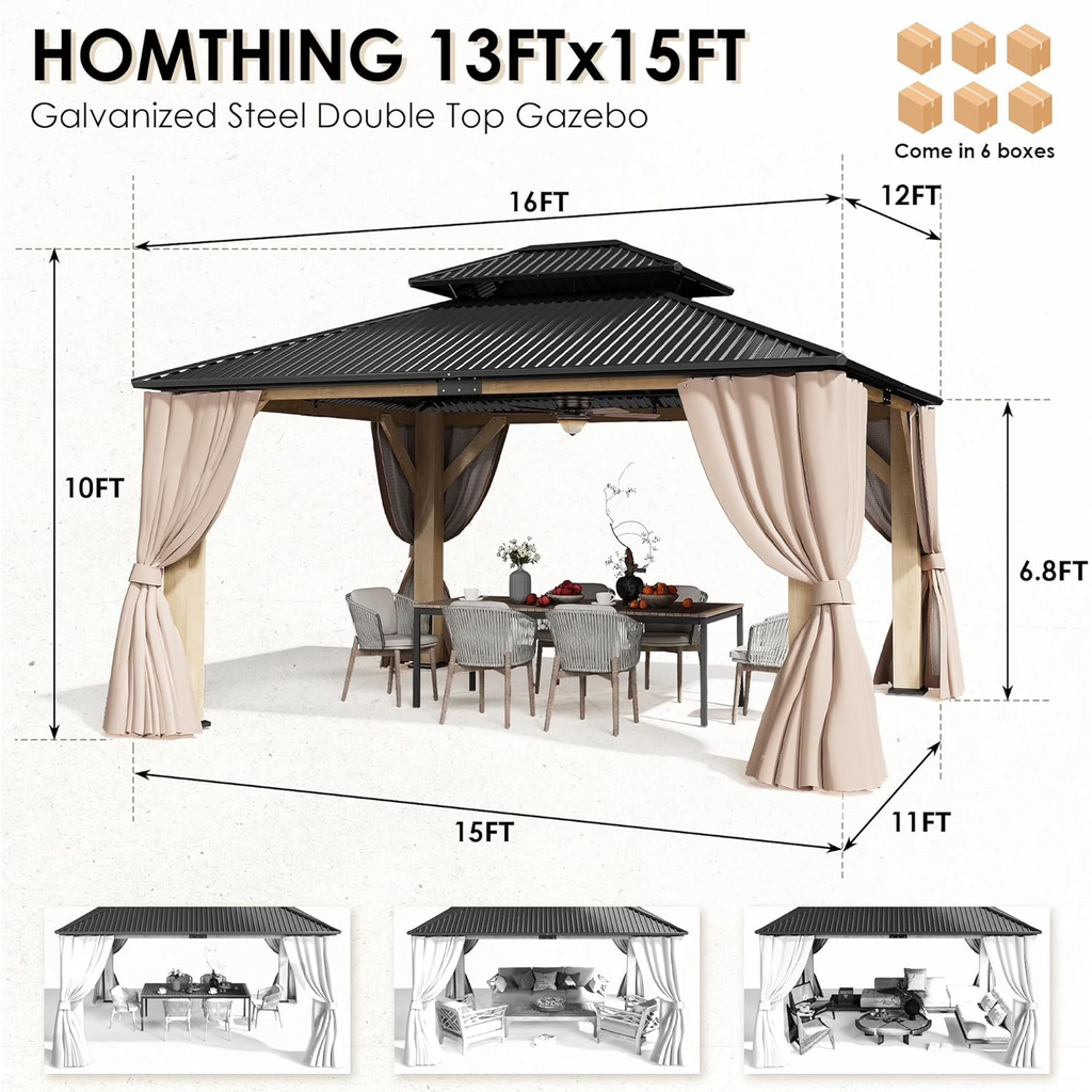 LAZZO 13'x15' Outdoor Hardtop Gazebo, Wooden Frame Double Galvanized Steel Roof, Curtains & Netting Included for Patio and Garden