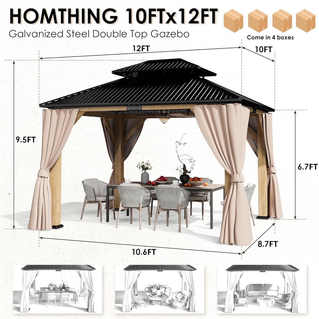 LAZZO 10'x12' Outdoor Hardtop Gazebo, Wooden Frame Double Galvanized Steel Roof, Curtains & Netting Included for Patio and Garden